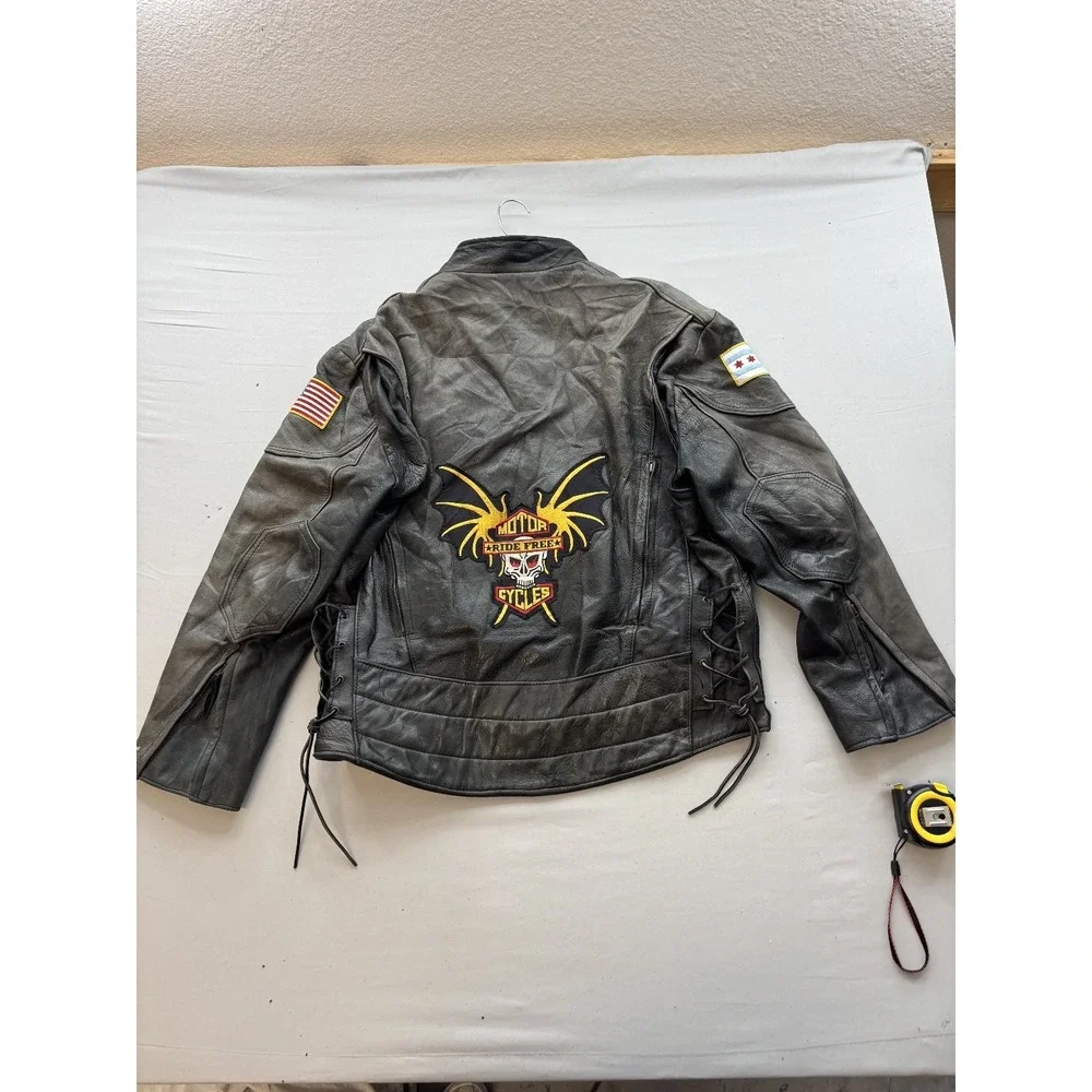 Distressed Black Leather Motorcycle Jacket Men's Laced Sides Patches Biker Coat